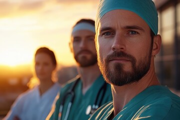 Fototapeta premium Medical professionals at sunset: honoring healthcare heroes in a hospital setting