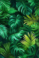 A bunch of green and yellow tropical leaves on a dark background
