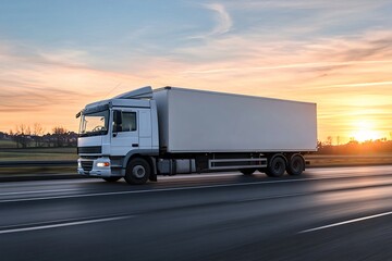 White delivery truck on highway during golden sunset. Commercial cargo vehicle in motion on asphalt road. Freight transportation and logistics concept. Side view with motion blur effect