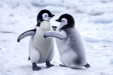 Obraz premium Two young penguins engage in a delightful dance on a vast ice field, surrounded by a pristine Generated AI