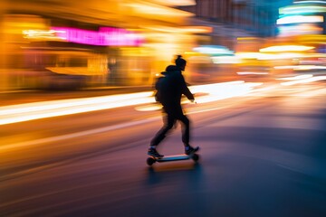 Fototapeta premium A person rides a scooter swiftly along a lively street during dusk, surrounded by blurred lights from nearby buildings and vehicles that enhance the sense of speed and movement. Generated AI
