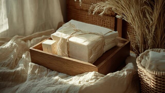 Soft textiles and natural decor create a tranquil setting on a wooden tray in warm afternoon light