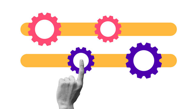 Finger touching interactive timeline with moving gears, representing digital transformation, workflow automation, and strategic business management. Concept of business development
