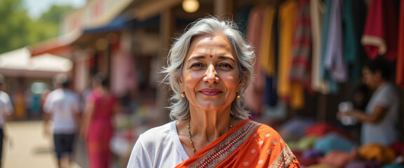 Obraz premium Proud South Asian woman showcasing stylish prosthesis at market, resilience