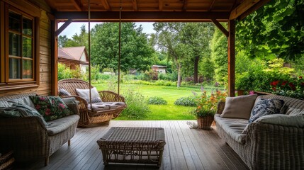 Fototapeta premium Charming rustic porch with wicker furniture overlooking lush garden