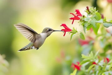 A hummingbird hovers delicately in mid-air, sipping nectar from bright red flowers in a blooming garden. GeneratedAI