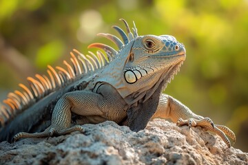 Obraz premium A vibrant iguana basks in the sunlight, perched on a rock with its colorful scales illuminated. Generated AI