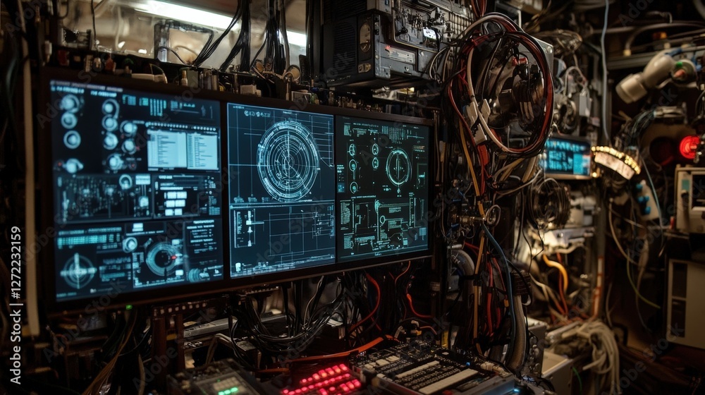 Poster complex system displaying futuristic interface on multiple screens in a cyber security center, monit