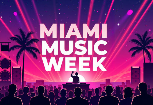 DJ performing at Miami Music Week with vibrant sunset backdrop, celebration