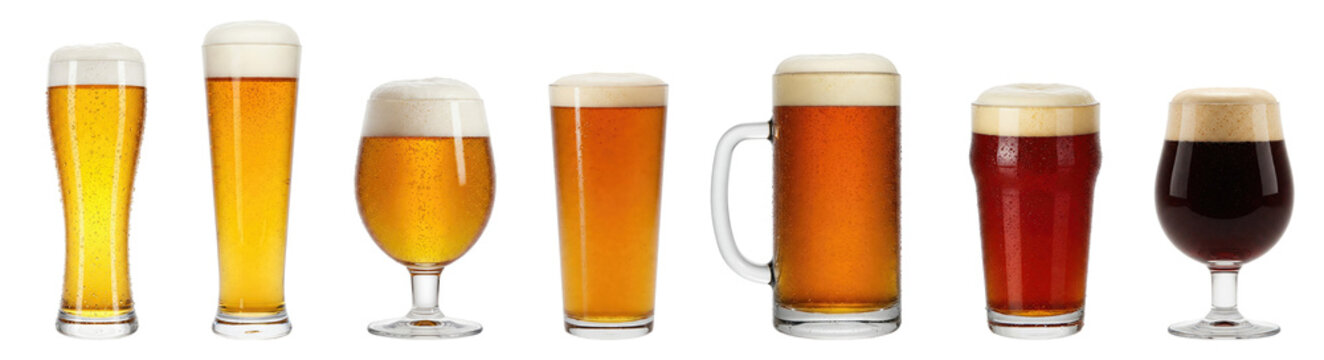 beer collection in different glasses: Pilsner, Stange Glass, tulip glass, unfiltered beer, brown lager, deep amber beer in IPA glass, dark beer in snifter glass