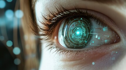 Close-up futuristic eye with digital interface, technology concept