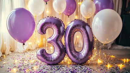 Celebration of 30th Birthday with Purple Balloons and Festive Decor