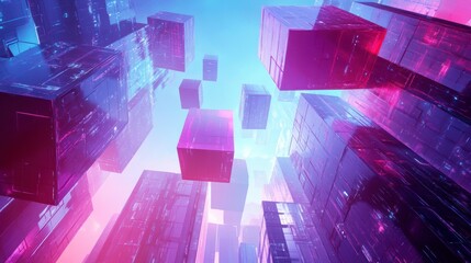 Futuristic city blocks, digital skyscrapers, vibrant glow, urban landscape, stock photo