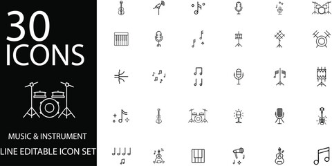"30 Editable Music and Instrument Line Icons Set for Adobe Stock Perfect for Digital Audio Recording and Performance Projects"