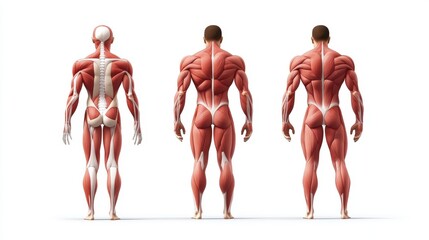 Muscular system anatomy illustration featuring three views of male muscles