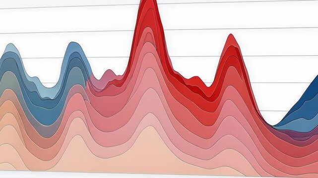 Data visualization illustrating trends over time through a layered area chart with varying colors and peaks