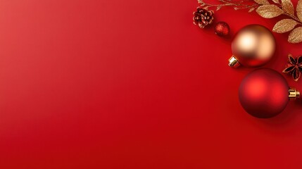 Festive christmas ornaments and decorations arranged on a red surface