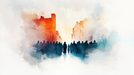 People of Nineveh gathered in the streets, standing between towering city walls, as they listen to Jonah’s message of repentance (Jonah 3:4-10). Digital watercolor painting