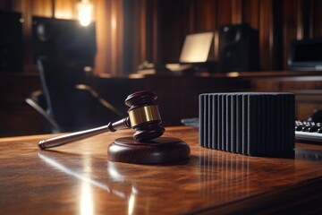 Obraz premium A wooden judge's gavel lies on a sound block atop a polished wooden desk, with dramatic lighting enhancing the atmosphere of a courtroom setting