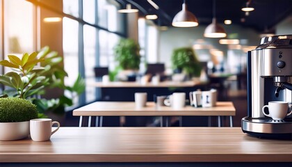 Blurred coffee machine area in a modern office with mugs and plants nearby