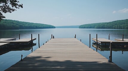 Fototapeta premium Wooden dock extends over tranquil lake nestled between green hills