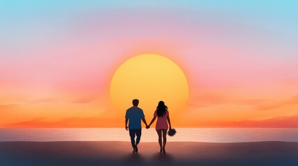 Young couple walking on beach at sunset