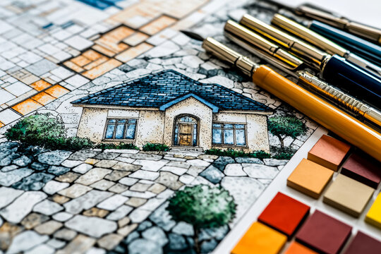 detailed illustration of house design with colorful pens and swatches. artwork features stone pathway and lush greenery, showcasing creativity and design inspiration