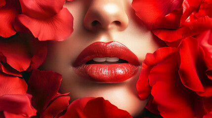 Face of a beautiful woman with pouty lips with red lipstick framed with bright scarlet flowers peonies roses petals. Fashion makeup skin care menstruation female health concept