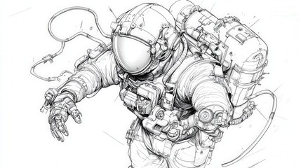 Fototapeta premium Detailed black and white illustrated spacesuit with complex gear and cables
