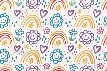 Cute rainbow, flower, and smiley face pattern on white background