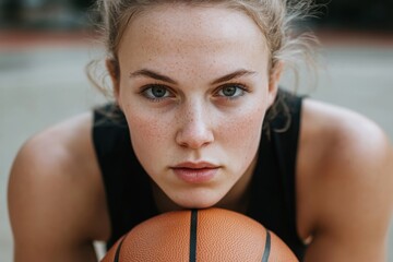 Young caucasian female basketball player resting head on ball after training