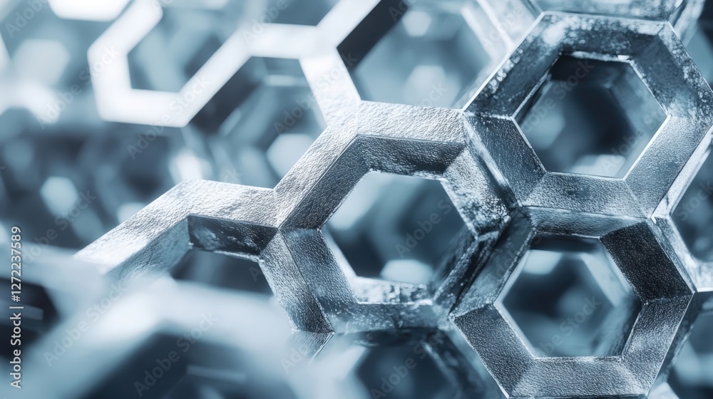 Poster interconnected hexagonal shapes creating a complex metallic mesh structure, symbolizing cybersecurit