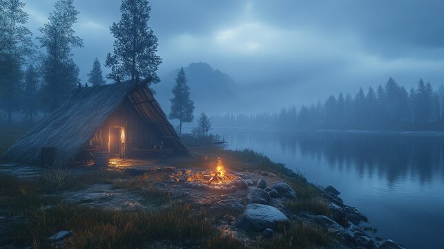 Misty lake cabin campfire night scene