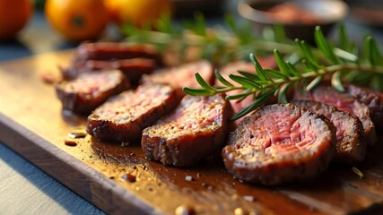 Sliced Grilled Steak with Rosemary on Wooden Board