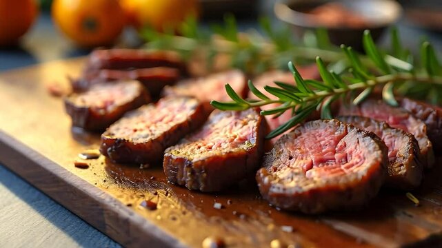 Sliced Grilled Steak with Rosemary on Wooden Board