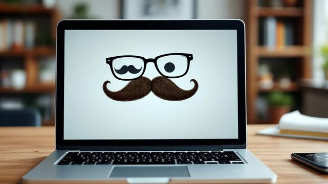 Laptop screen featuring cartoon mustache and glasses, whimsical prank image for april fool's day humor concept.