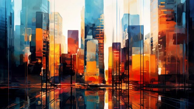 Vibrant Abstract Cityscape Depicting Modern Architecture at Sunset - Zoom In Camera Movement