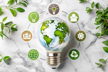 Sustainable global solutions concept, lightbulb earth, marble surface, icons