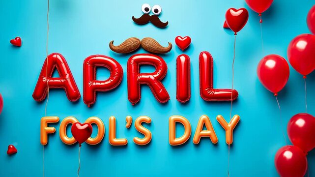 Colorful balloons spelling "april fool's day" with funny mustache and googly eyes on a blue background celebrating pranks and humor