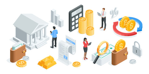 isometric vector business concept with people and icons of money with bank and calendar, in color on white background, deposit and money or financial work