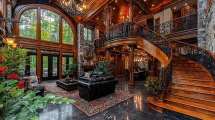 Obraz premium Luxurious home interior, grand staircase, forest view