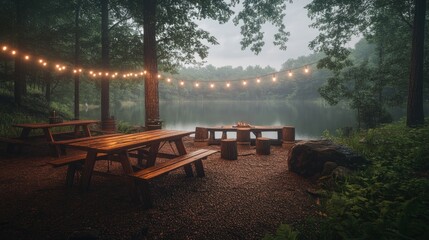 Obraz premium Misty lake picnic, string lights, forest setting, evening ambiance