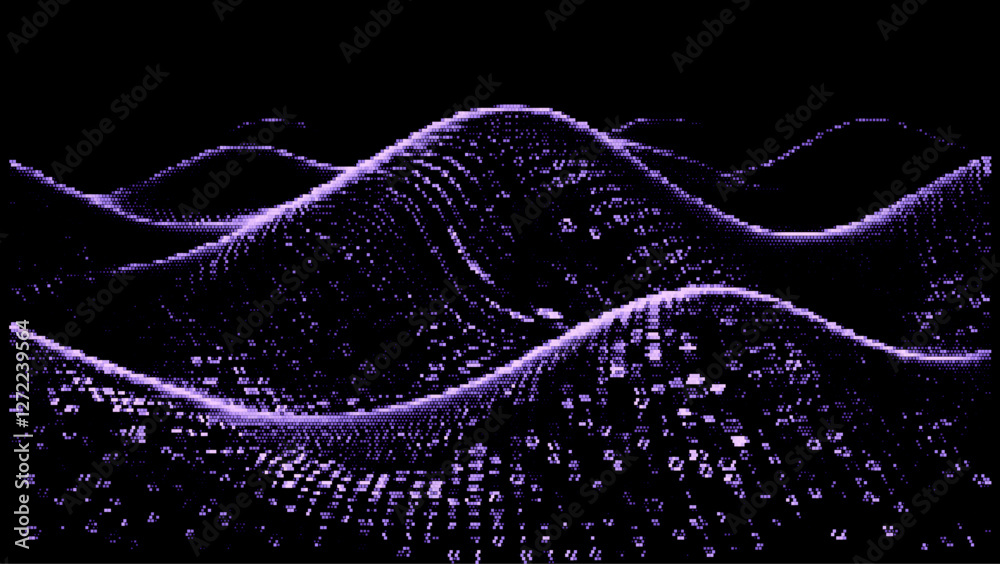 Poster vector illustration depicts a wave of purple particles forming a dynamic, flowing pattern on a dark 