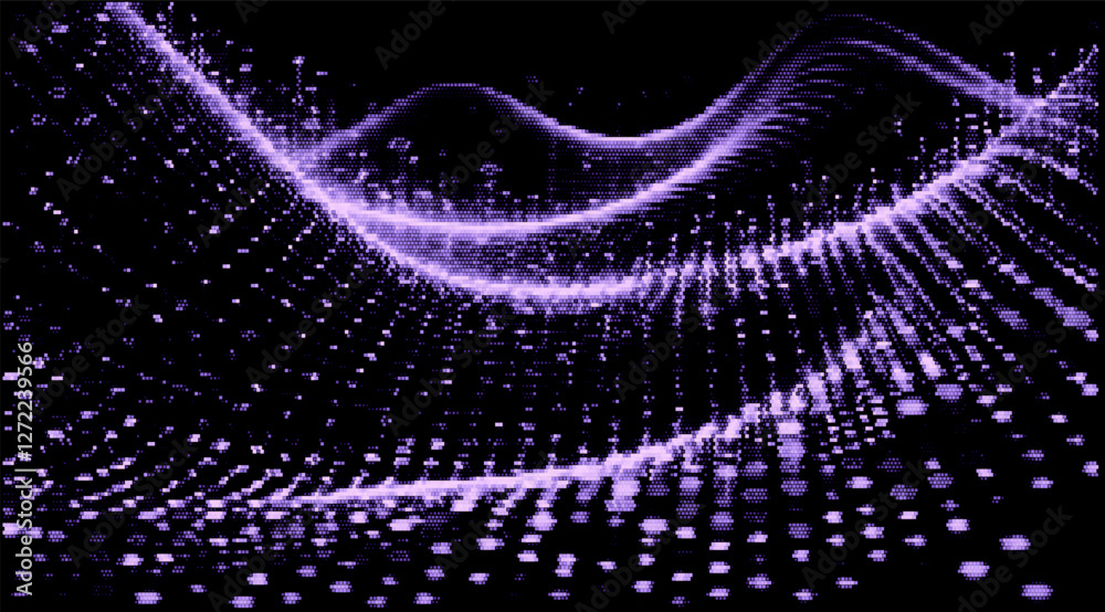 Poster vector illustration depicts a wave of purple particles forming a dynamic, flowing pattern on a dark 