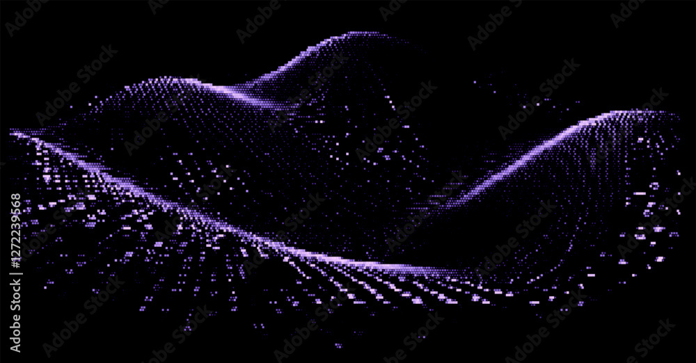 Poster vector illustration depicts a wave of purple particles forming a dynamic, flowing pattern on a dark 