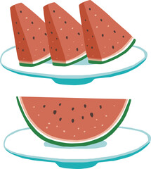 お皿に盛り付けられたカットすいかのイラスト素材セット