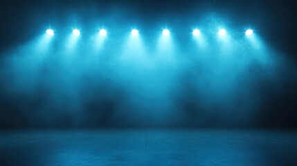 Obraz premium Six spotlights illuminating an empty stage, filled with swirling smoke, create a captivating and dramatic atmosphere perfect for any performance or presentation in a theatrical setting