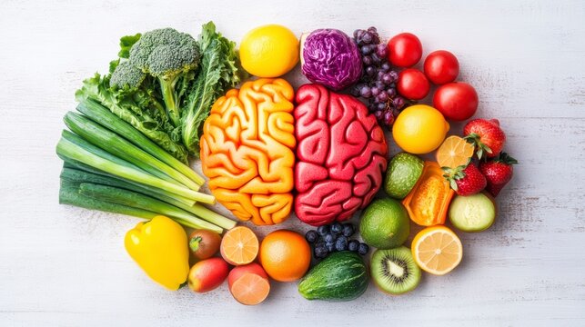 Healthy brain food concept, fresh fruits and vegetables arranged like a brain on white background, educational visual