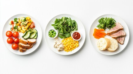 A delightful collection of vibrant plates showcases a variety of fresh ingredients, including vegetables, fruits, proteins, and sauces, creating an inviting and healthy meal option
