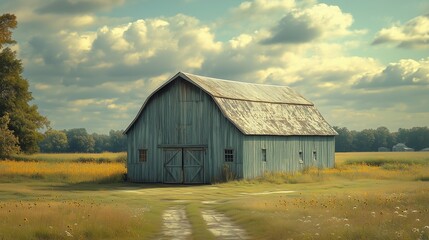 A rustic barn surrounded by a field of wildflowers under a partly cloudy sky